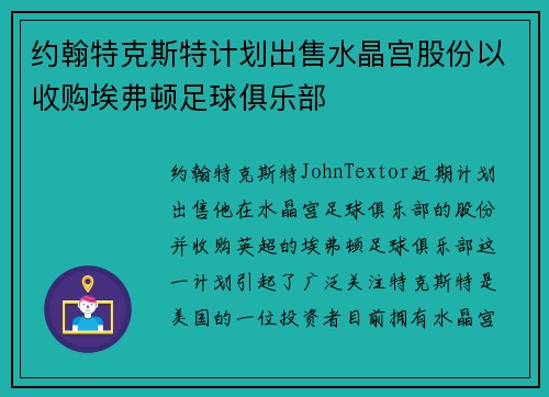 约翰特克斯特计划出售水晶宫股份以收购埃弗顿足球俱乐部 约翰特克斯特计划出售水晶宫股份以收购埃弗顿足球俱乐部